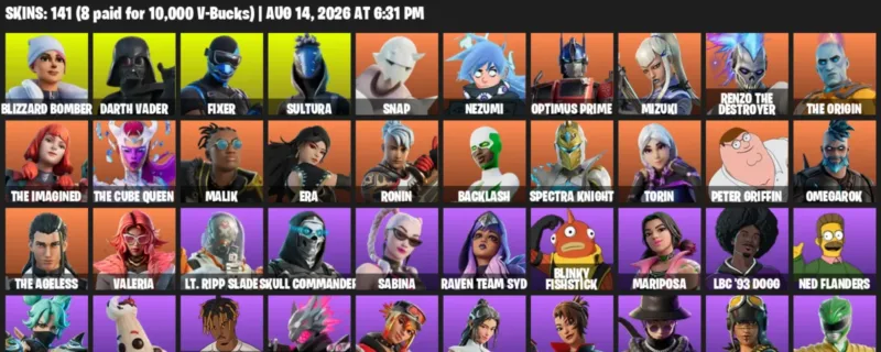 Fortnite account inventory for LVL 1869 - Blizzard Bomber - Darth Vader - 141 Outfits