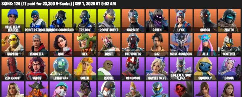 Fortnite account inventory for LVL 1698 - Blue Team Leader - Point Patroller - 124 Outfits