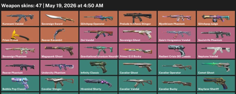 Valorant Accounts listing: LVL 286, Reaver Karambit, Sovereign Sword, Kuronami/Reaver/Mystbloom/Prelude + more Skins.