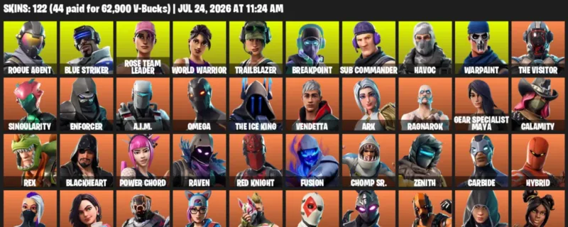 Fortnite Accounts listing: LVL 692 - Rogue Agent - Blue Striker - 122 Outfits - 122 outfits