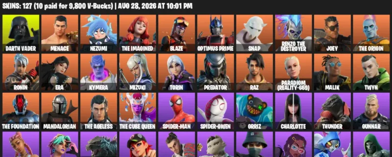 Fortnite account inventory for LVL 2539 - Darth Vader - Menace - 127 Outfits