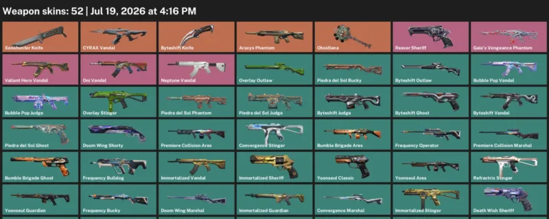 Valorant Accounts listing: LVL 138 · Byteshift Knife & Xenohunter Knife · 52 Skins - Gold 1, 52 skins