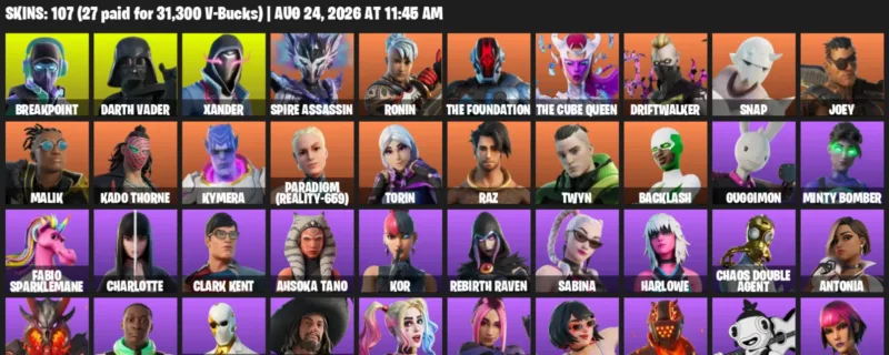 Fortnite account inventory for LVL 1545 - Breakpoint - Darth Vader - 107 Outfits