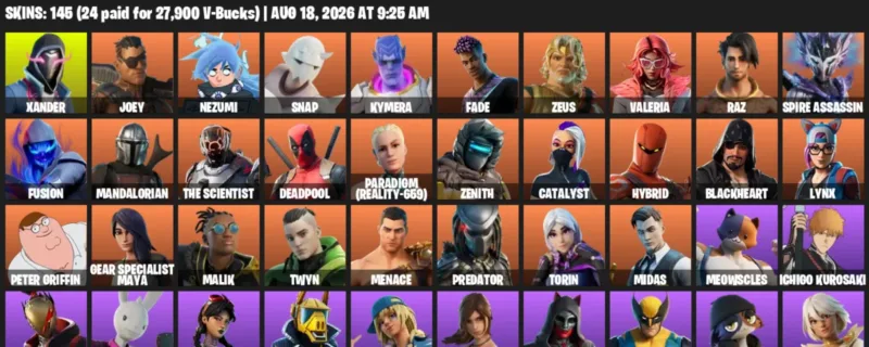 Fortnite account inventory for LVL 2185 - Xander - Joey - 145 Outfits