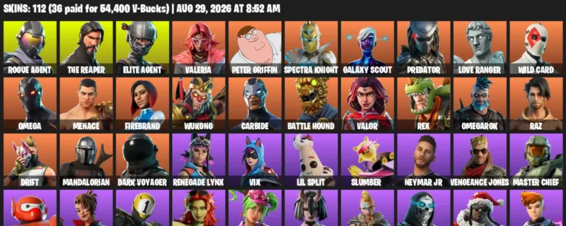 Fortnite account inventory for LVL 1352 - Rogue Agent - The Reaper - 112 Outfits