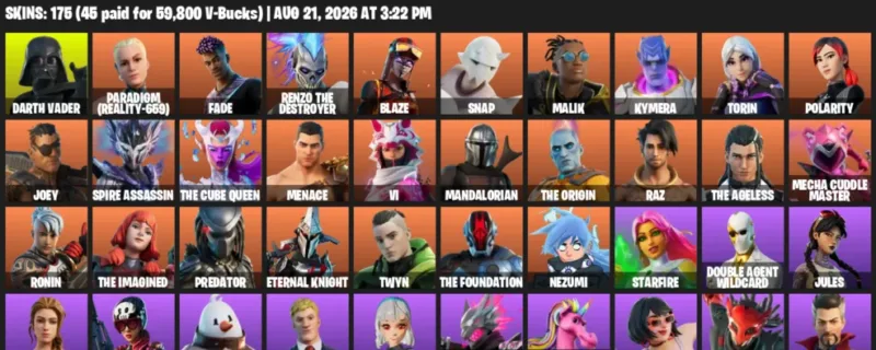 Fortnite account inventory for LVL 2299 - Darth Vader - Paradigm (Reality-659) - 175 Outfits