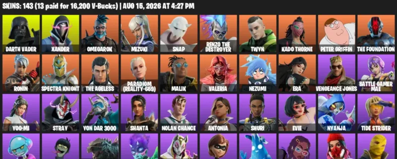 Fortnite account inventory for LVL 1996 - Darth Vader - Xander - 143 Outfits
