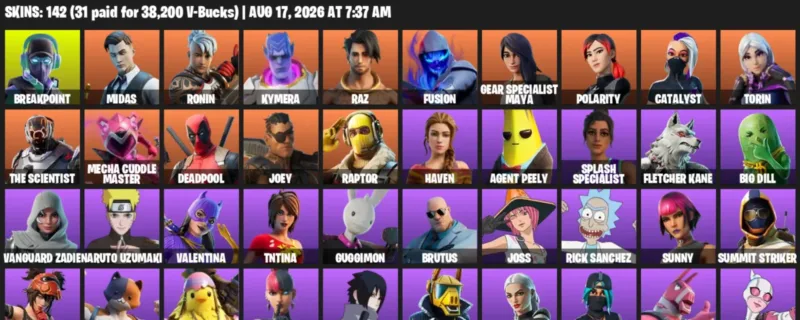 Fortnite account inventory for LVL 3334 - Breakpoint - Midas - 142 Outfits