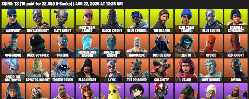 Fortnite account inventory for LVL 922 - Warpaint - Royale Knight - 78 Outfits