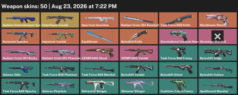 Valorant account inventory for LVL 104 · Task Force 809 Knife & 50 Skins Byteshift Knife