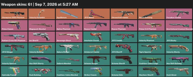 Valorant account inventory for LVL 225 · Champions 2022 Phantom & Velocity Karambit
