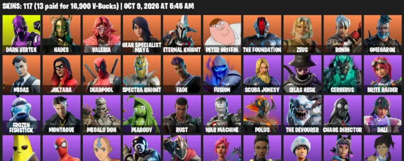 Fortnite account inventory for Dark Vertex - Hades - 117 Outfits