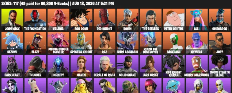 Fortnite account inventory for LVL 1155 - John Wick - The Foundation - 117 Outfits