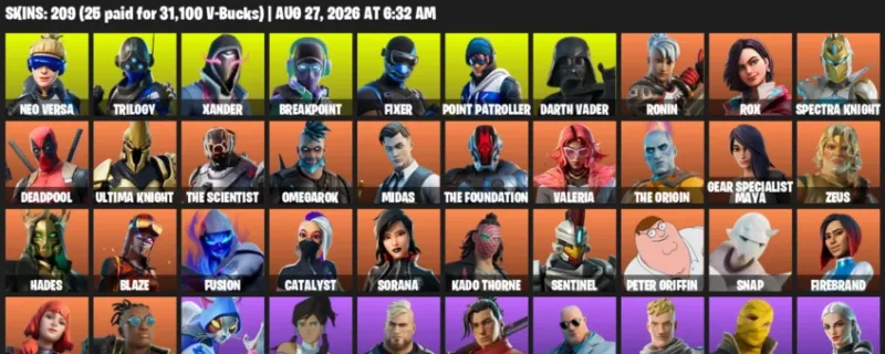 Fortnite account inventory for LVL 2574 - Neo Versa - Trilogy - 209 Outfits