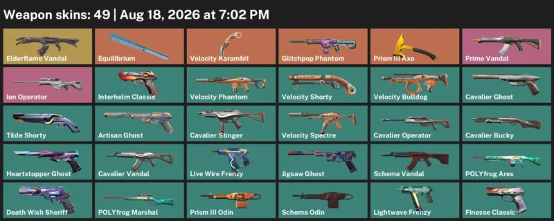 Valorant account inventory for LVL 226 · Velocity Karambit & Cavalier Vandal