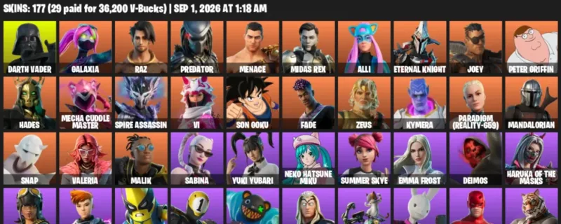 Fortnite account inventory for LVL 2521 - Darth Vader - Galaxia - 177 Outfits