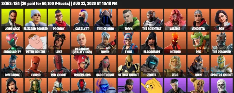 Fortnite account inventory for LVL 2812 - John Wick - Blizzard Bomber - 184 Outfits
