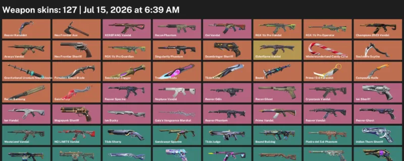 Valorant account preview: LVL 228 · Reaver Karambit & Soulstrife Scythe · 127 Skins