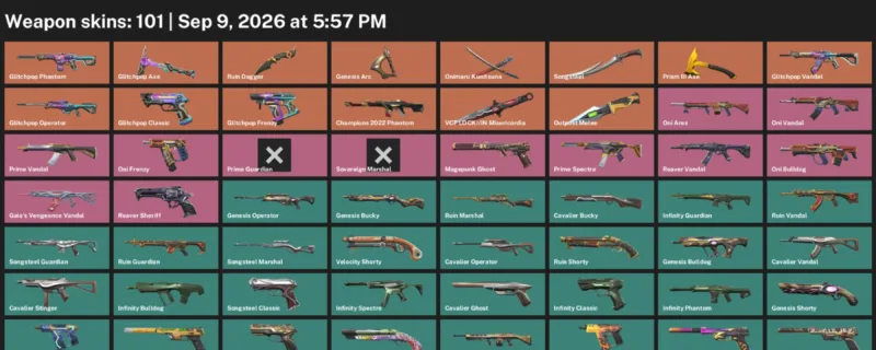 Valorant account inventory for LVL 216 · Ruin Dagger & Aero Phantom