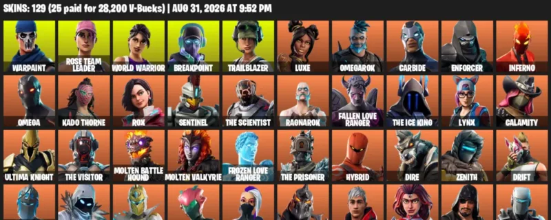 Fortnite account inventory for LVL 995 - Warpaint - Rose Team Leader - 129 Outfits