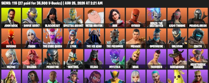 Fortnite account inventory for LVL 2669 - John Wick - Rogue Agent - 115 Outfits