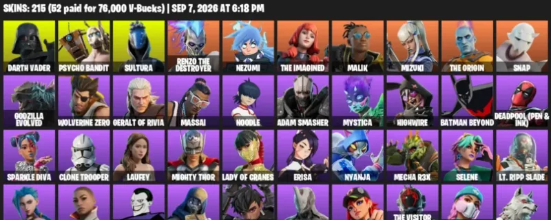 Fortnite account inventory for LVL 1102 - Darth Vader - Psycho Bandit - 215 Outfits