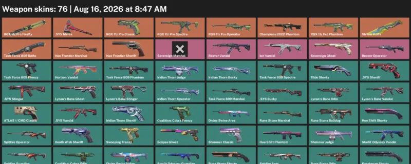 Valorant account inventory for LVL 228 · Striker Knife & Task Force 809 Knife