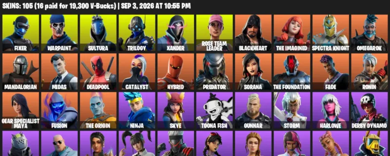 Fortnite account inventory for LVL 2291 - Fixer - Warpaint - 105 Outfits