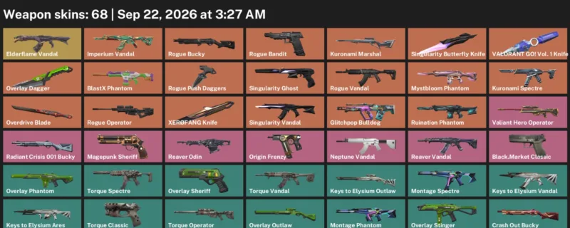Valorant account inventory for LVL 42 · Overdrive Blade & Overlay Dagger & 68 Skins Overdrive Blade