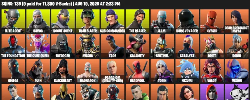 Fortnite account inventory for LVL 2251 - Elite Agent - Havoc - 135 Outfits