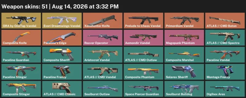 Valorant account inventory for LVL 121 · Xenohunter Knife & 51 Skins Composite Knife
