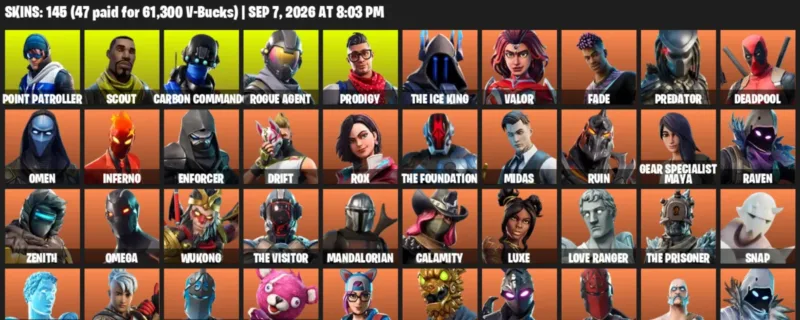 Fortnite account inventory for LVL 1927 - Point Patroller - Scout - 145 Outfits