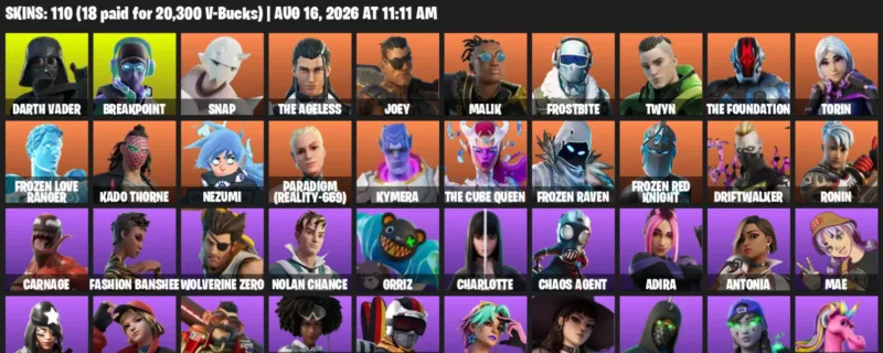 Fortnite account inventory for LVL 1305 - Darth Vader - Breakpoint - 110 Outfits