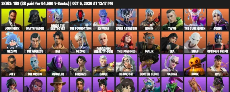 Fortnite account inventory for John Wick - Darth Vader - 120 Outfits