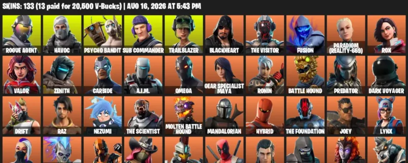 Fortnite account inventory for LVL 1281 - Rogue Agent - Havoc - 133 Outfits