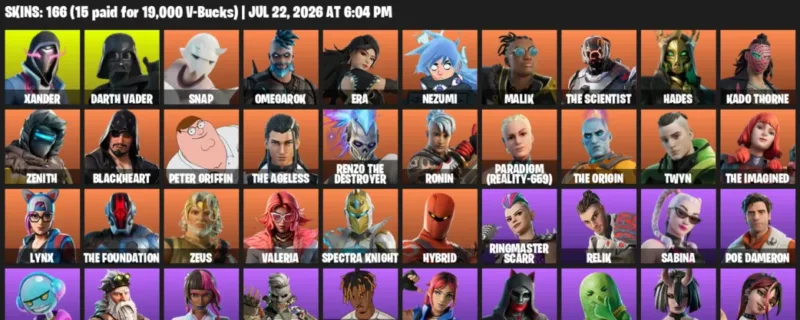 Fortnite Accounts listing: LVL 2696 - Xander - Darth Vader - 166 Outfits - 166 outfits
