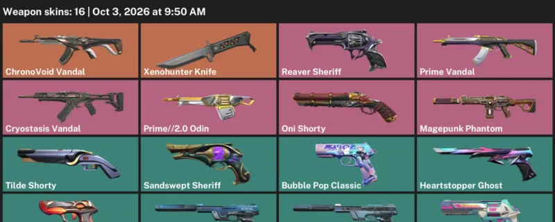 Valorant account inventory for LVL 221 · Xenohunter Knife & ChronoVoid Vandal