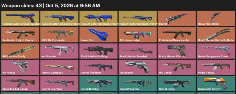 Valorant account inventory for LVL 105 · Reaver Karambit & Black.Market Vandal