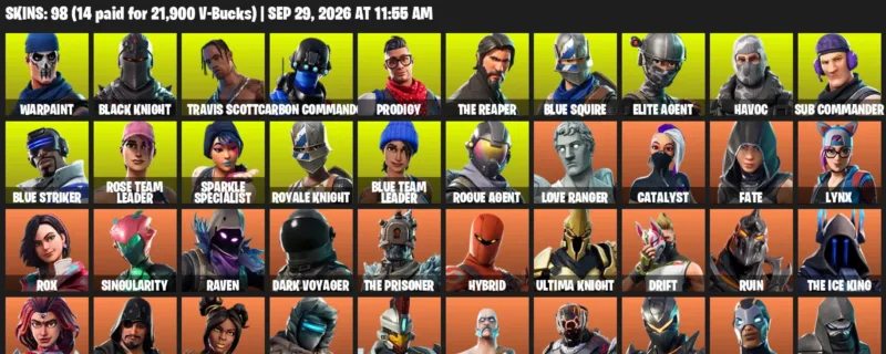 Fortnite account inventory for Warpaint - Black Knight - 98 Outfits