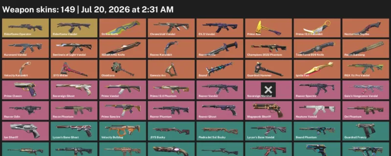 Valorant Accounts listing: LVL 293 · .SYS Melee & Ignite Fan · 149 Skins - Platinum 3, 149 skins