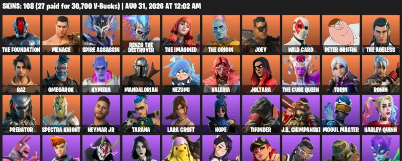 Fortnite account inventory for LVL 1871 - The Foundation - Menace - 108 Outfits