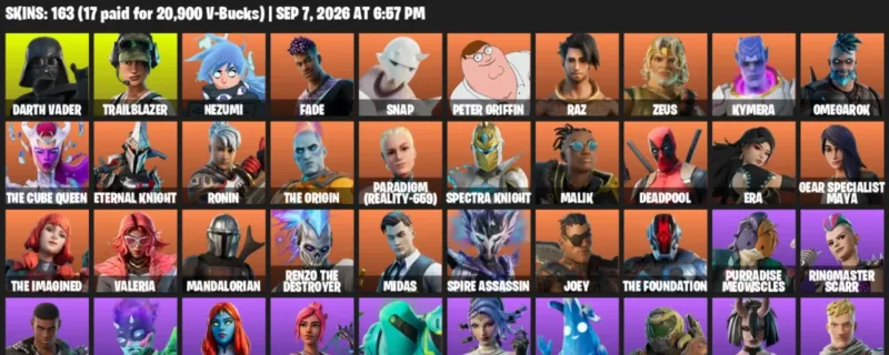 Fortnite account inventory for LVL 2283 - Darth Vader - Trailblazer - 163 Outfits
