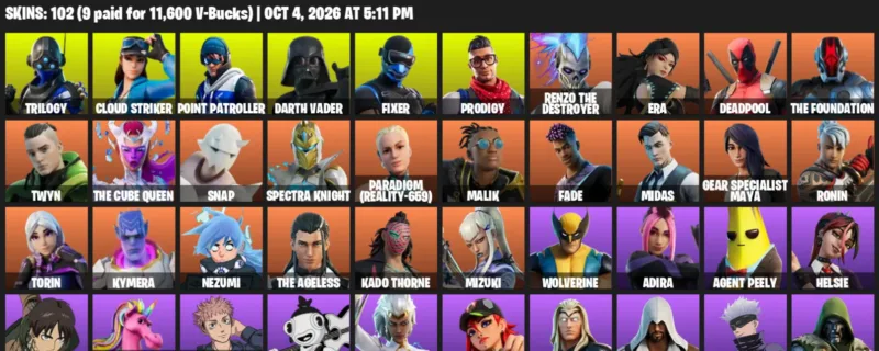 Fortnite account inventory for Trilogy - Cloud Striker - 102 Outfits